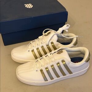 K-Swiss White and Gold Women’s Tennis Shoes